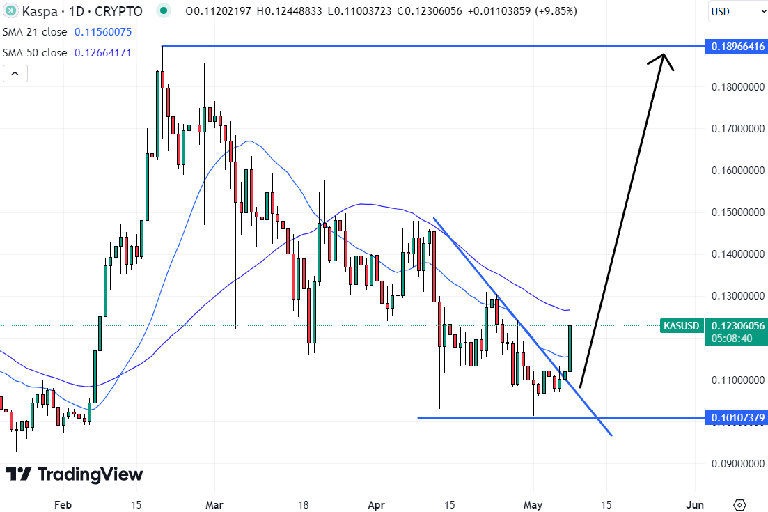 The door could now be open for a rapid return to its yearly highs at $0.19, making KAS potentially the best crypto to buy today. 