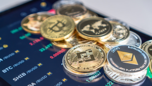 Cryptocurrencies on a phone screen showing statistics for various cryptocurrencies.  Cryptos to buy before market fluctuations.  crypto memes on the rise.  altcoins