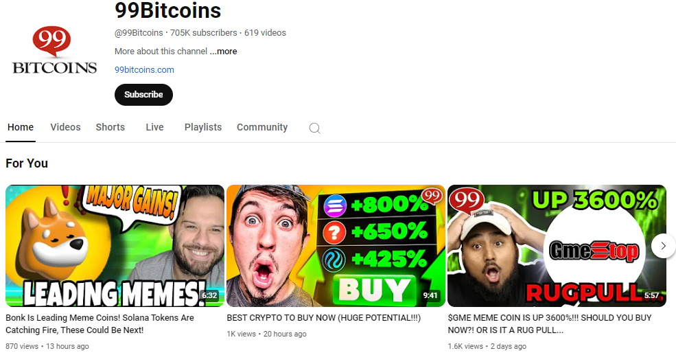 Página inicial do canal Crypto do YouTube da 99Bitcoins