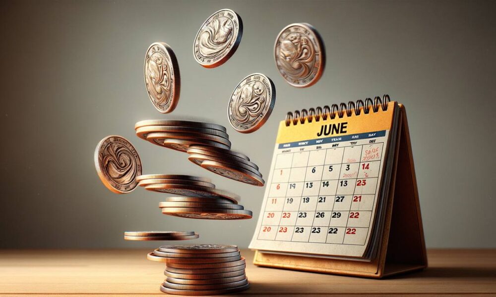 Coins going up next to a June calendar