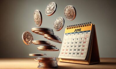 Coins going up next to a June calendar