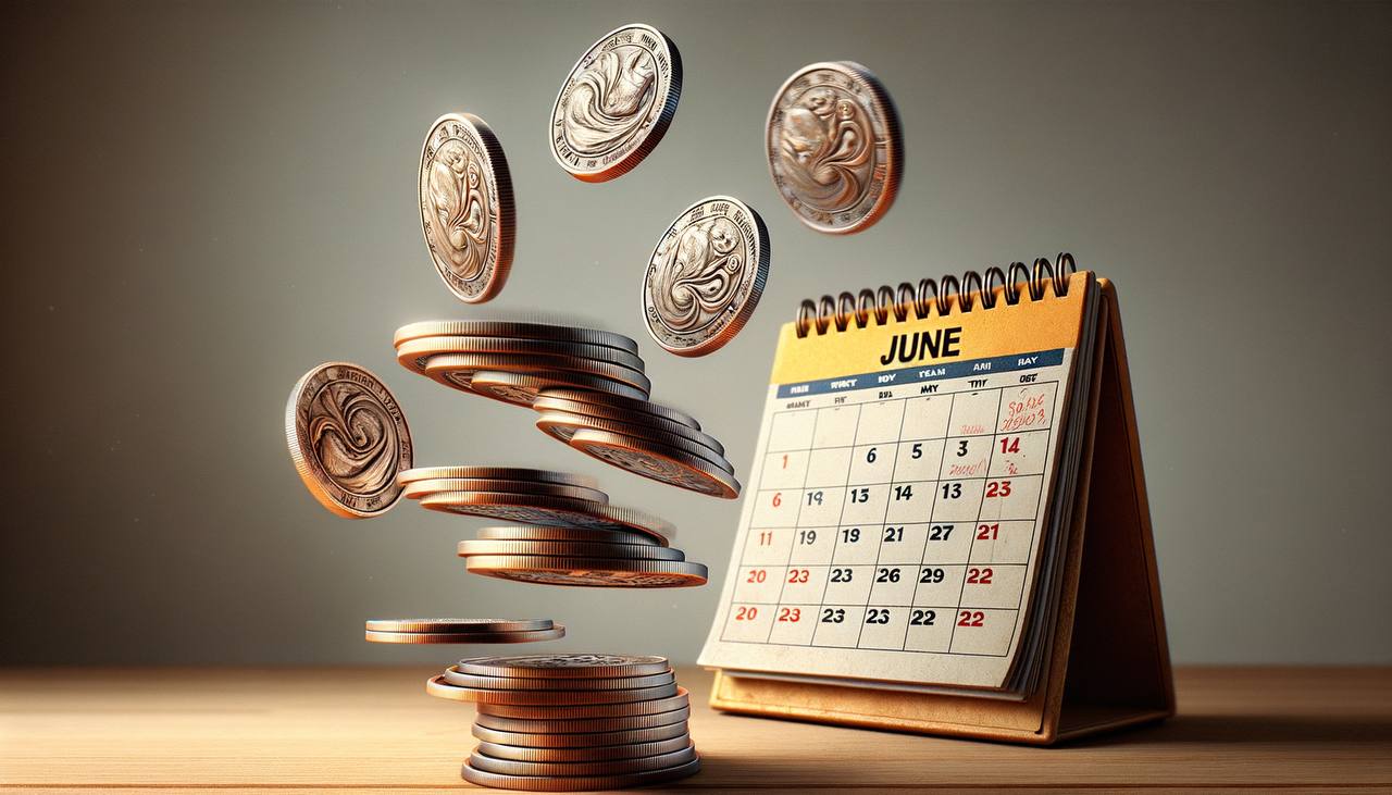 Coins going up next to a June calendar