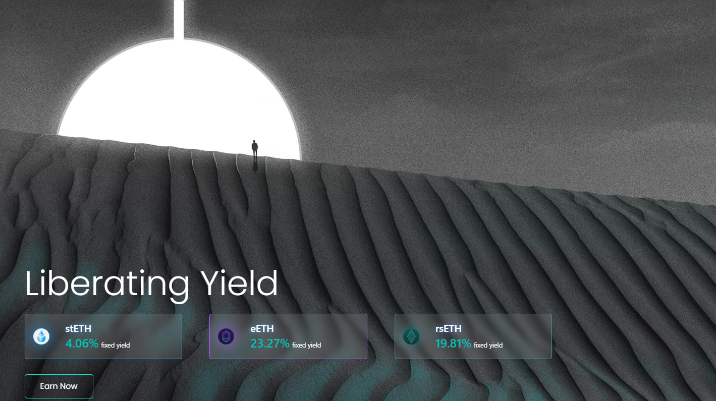 Screenshot from the Pendle homepage showing a dramatic landscape with a person standing at the edge of a sand dune under a large, bright circular light. The text on the image reads 'Liberating Yield' and displays fixed yield percentages for stETH (4.06%), eETH (23.27%), and rsETH (19.81%). There is also a button labeled 'Earn Now'.