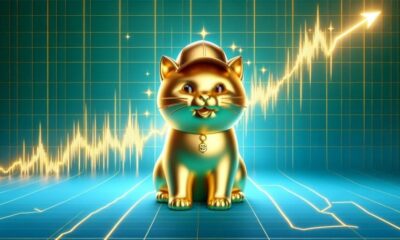 Golden trader cat meme coin surge.