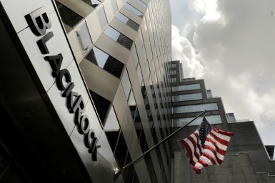 A sign for BlackRock Inc hangs above their building in New York