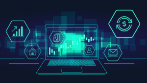 An image of a laptop with financial icons coming out of the screen;  chart, mail, house, money;  technology stocks