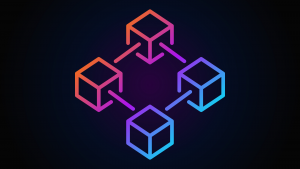 An image of 4 cubes connected in a web;  blockchain