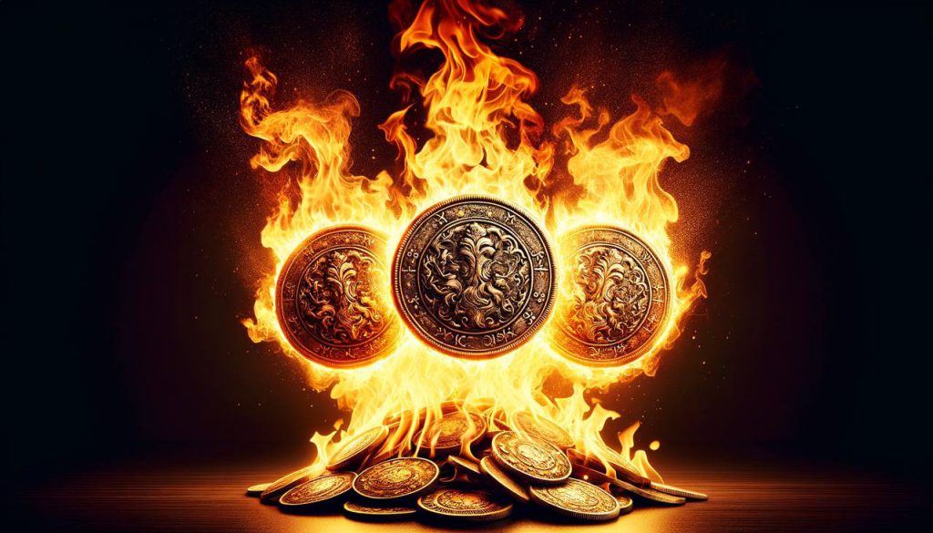 three coins emerging from the fire