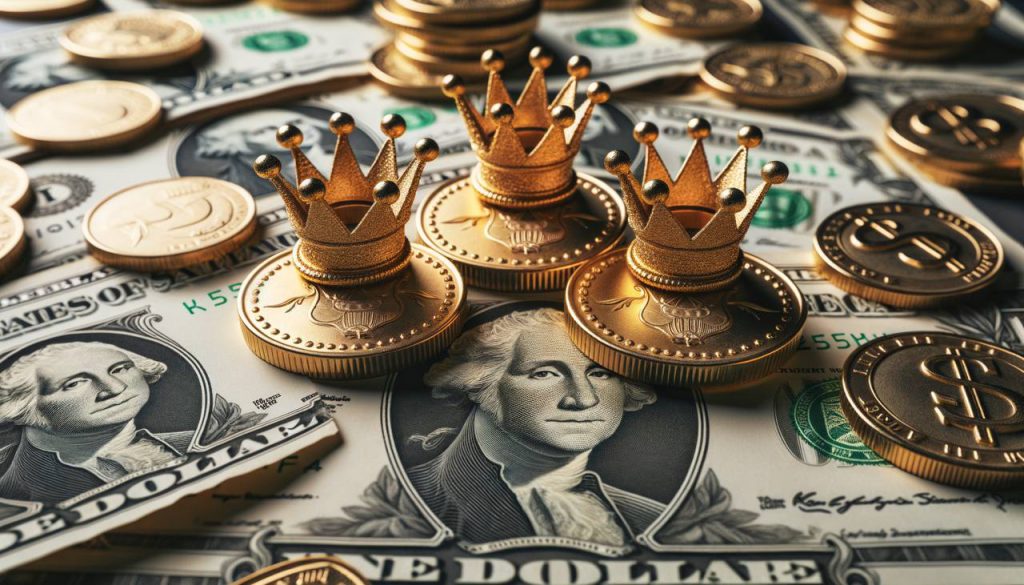 three cryptocurrencies under $10 surrounded by piles of cash and crowns