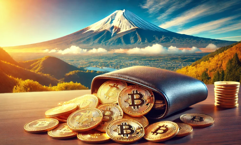 A digital wallet overflowing with golden Bitcoin coins against a backdrop of Mount Fuji