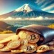 A digital wallet overflowing with golden Bitcoin coins against a backdrop of Mount Fuji