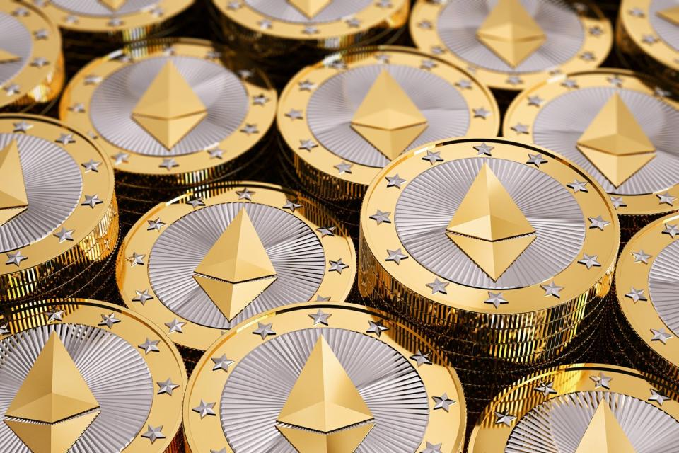 Gold ethereum coins in a pile